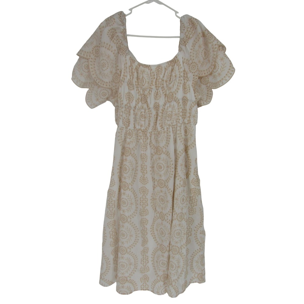 Tan Midi Dress 1XL Embroidered Smocked Flutter Romantic Coastal Peasant Prairie